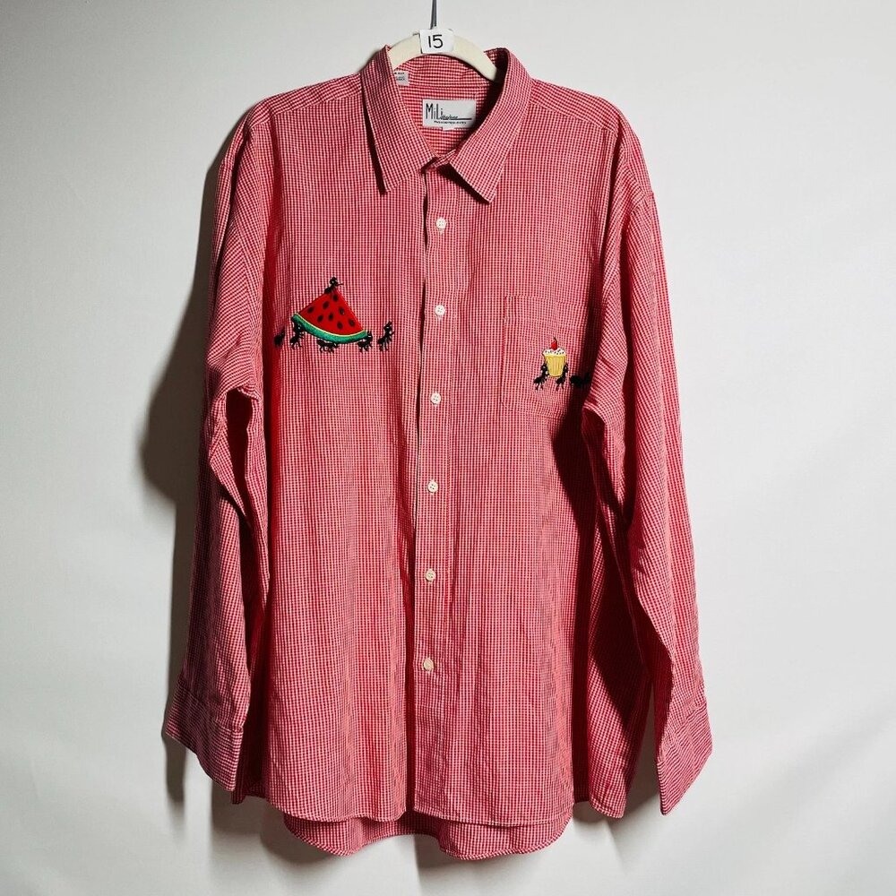 VTG Y2K Mili Designs Womens Red Watermelon Duck Appliqués Check Shirt Size 1X